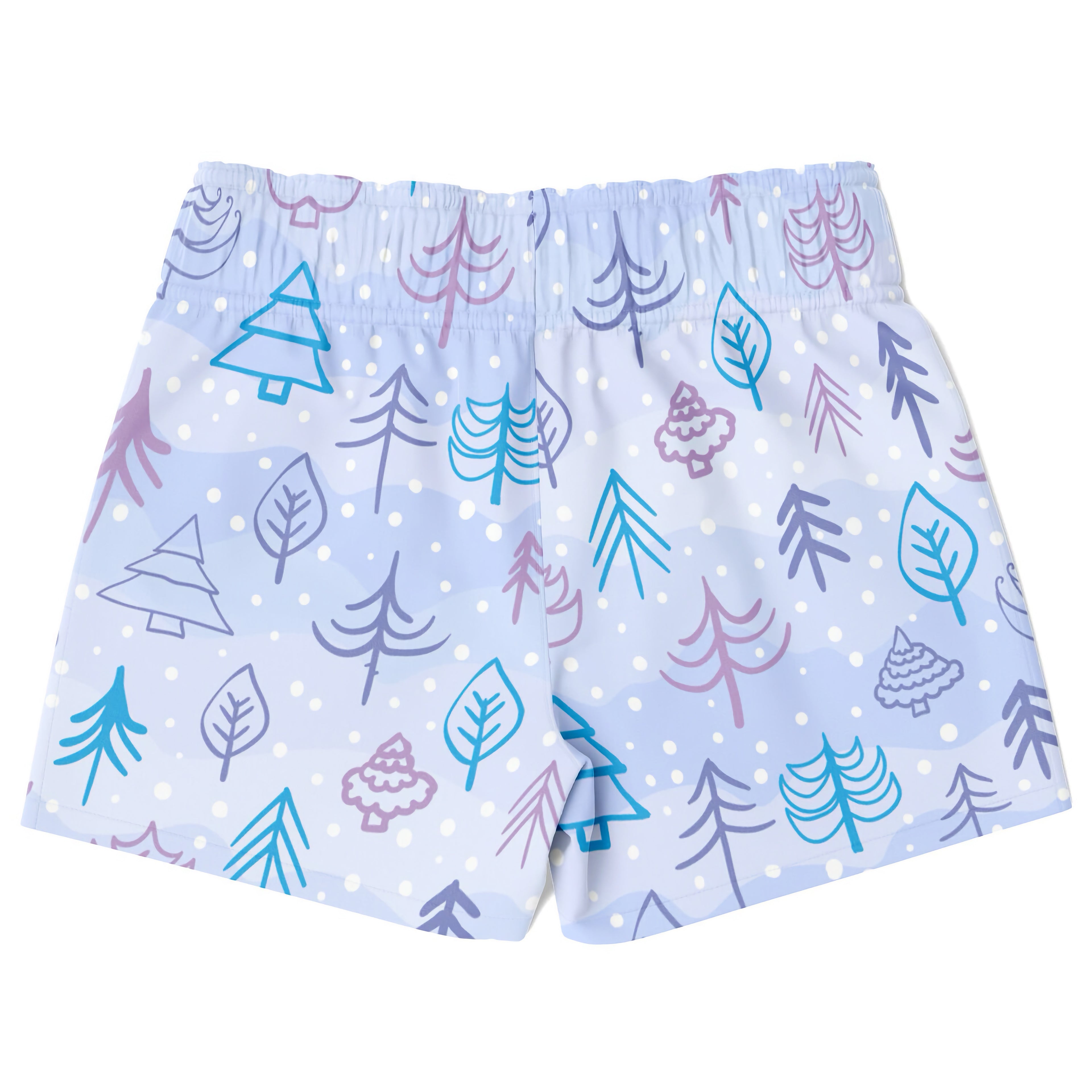 Boys winter snow quick drying swim trunks in light blue with teal purple and gray stylized tree and leaf pattern