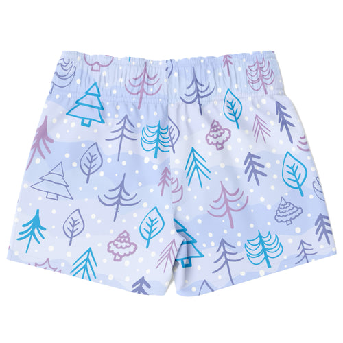 Boys winter snow quick drying swim trunks in light blue with teal purple and gray stylized tree and leaf pattern