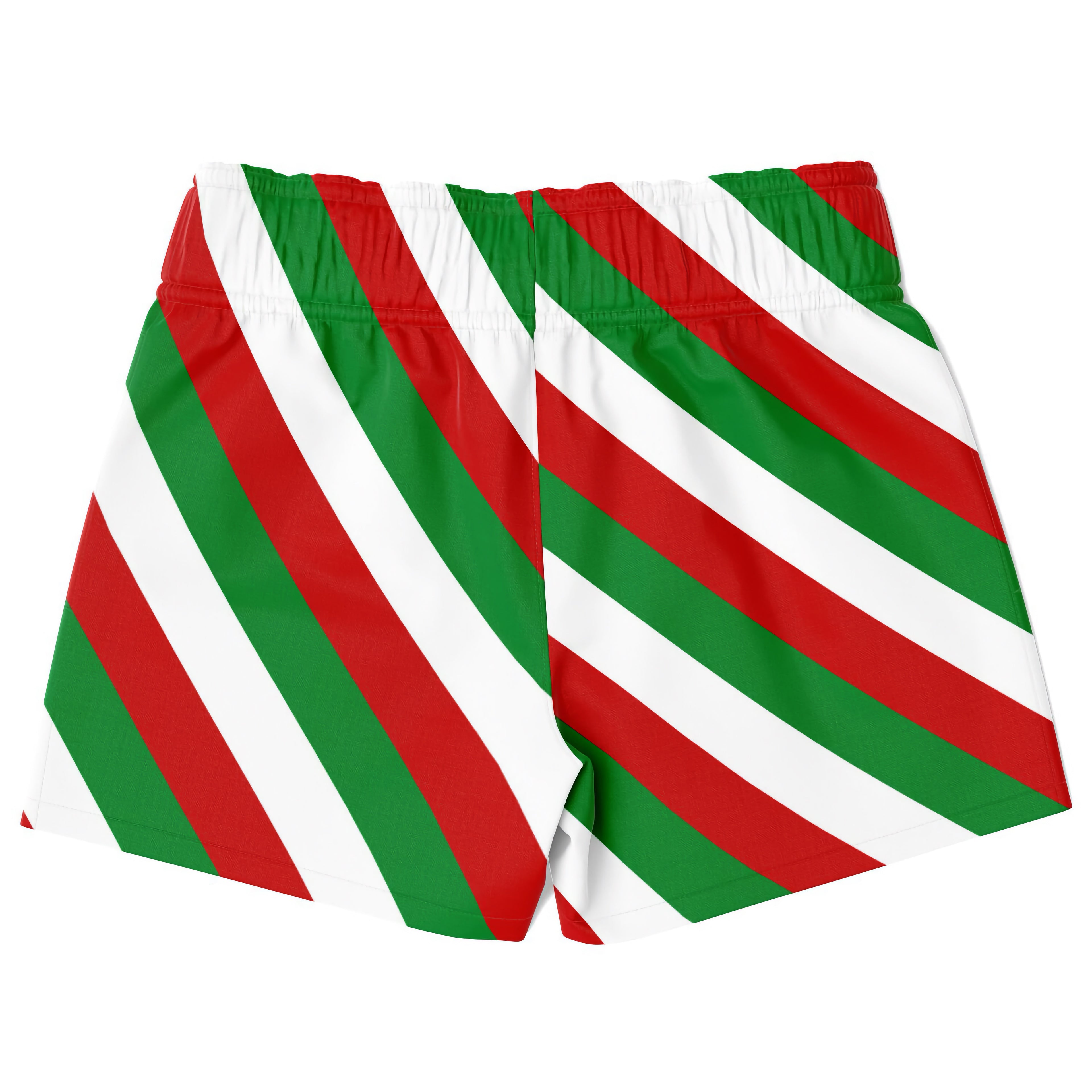 Boys festive candy cane stripe quick drying swim trunks with red green and white diagonal stripes and elastic waistband
