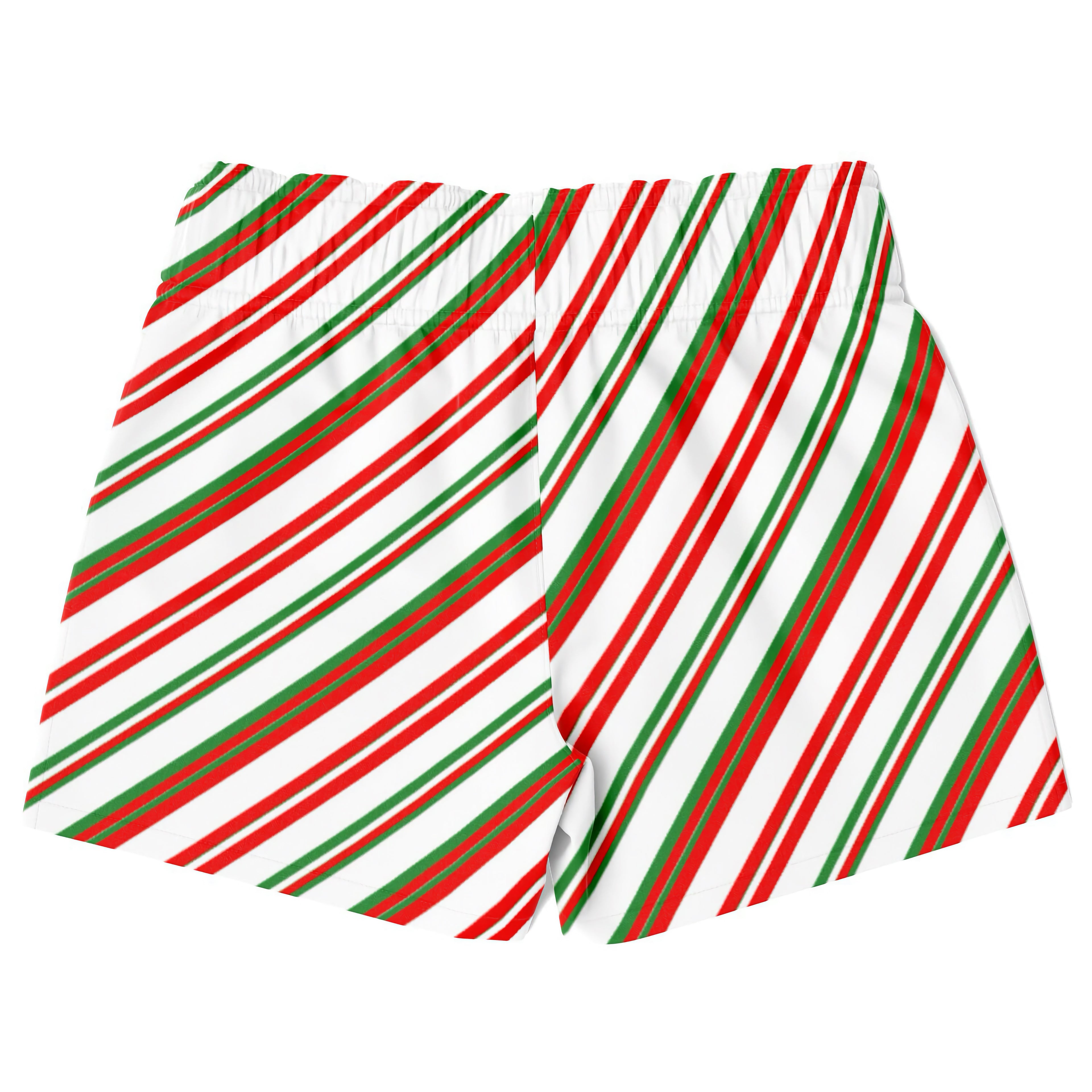Boys candy cane stripes quick drying swim trunks in red green and white diagonal stripes on soft fabric