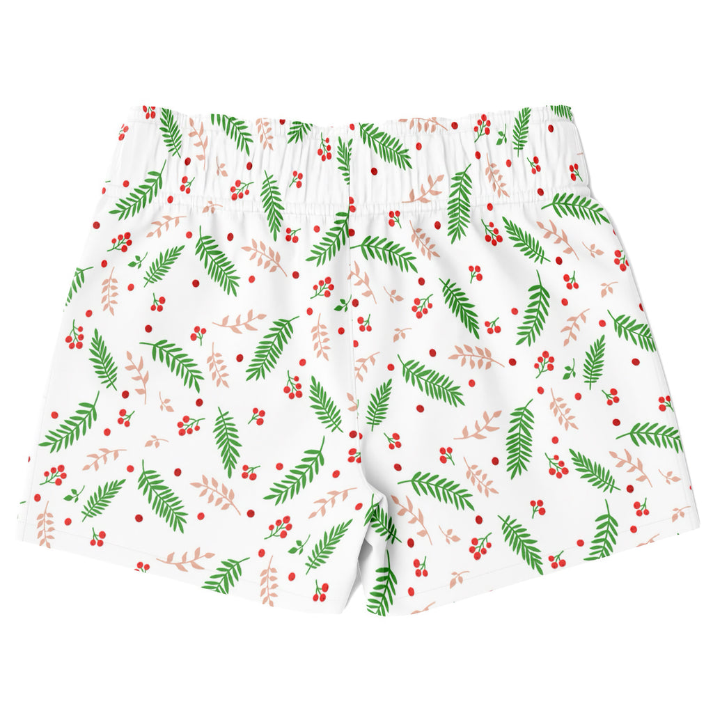 Boys holly berry christmas quick drying swim trunks in white with green and blush pink leaves and red berries pattern