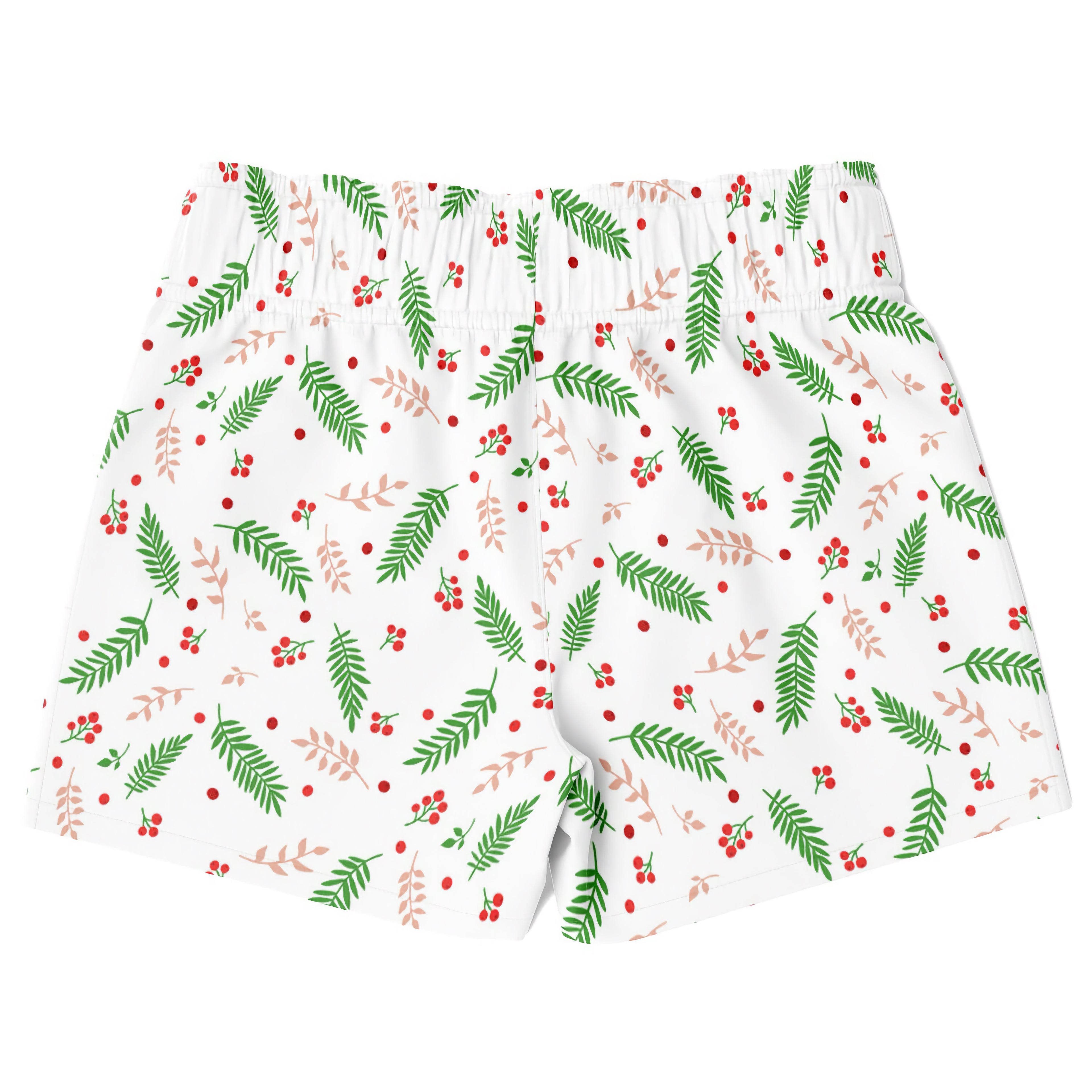 Boys holly berry christmas quick drying swim trunks in white with green and blush pink leaves and red berries pattern