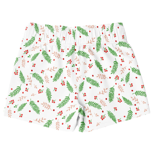 Boys holly berry christmas quick drying swim trunks in white with green and blush pink leaves and red berries pattern