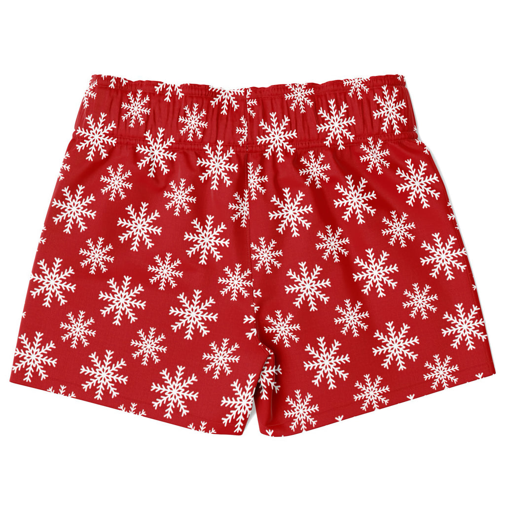 Boys red christmas snowflake quick drying swim trunks featuring a red boxer shorts style with white snowflake pattern