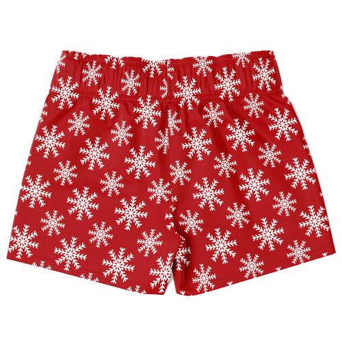 Boys red christmas snowflake quick drying swim trunks featuring a red boxer shorts style with white snowflake pattern