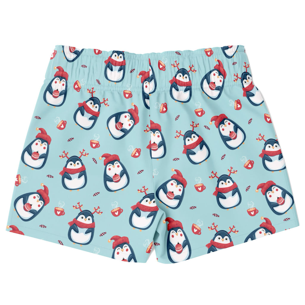 Boys reindeer penguin christmas quick drying swim trunks in light blue with cartoon penguins and coffee cup pattern
