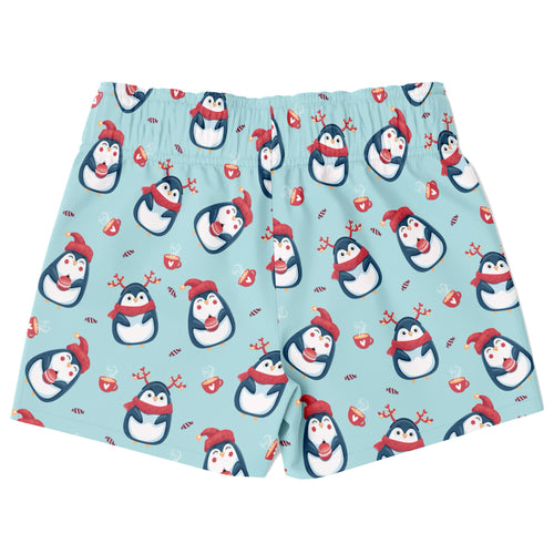 Boys reindeer penguin christmas quick drying swim trunks in light blue with cartoon penguins and coffee cup pattern