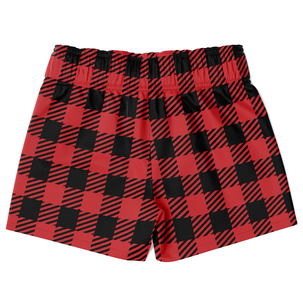 Boys red buffalo plaid christmas quick drying swim trunks featuring red and black plaid boxer shorts pattern