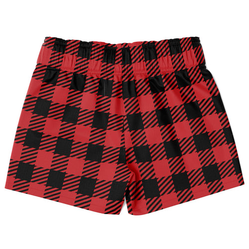Boys red buffalo plaid christmas quick drying swim trunks featuring red and black plaid boxer shorts pattern