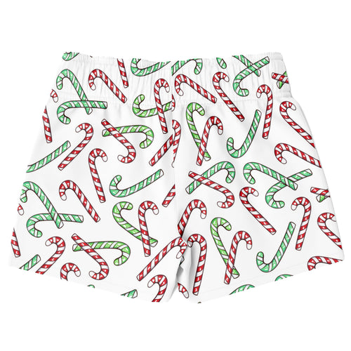 White boxer shorts with a playful red and green candy cane pattern for boys quick drying swim trunks