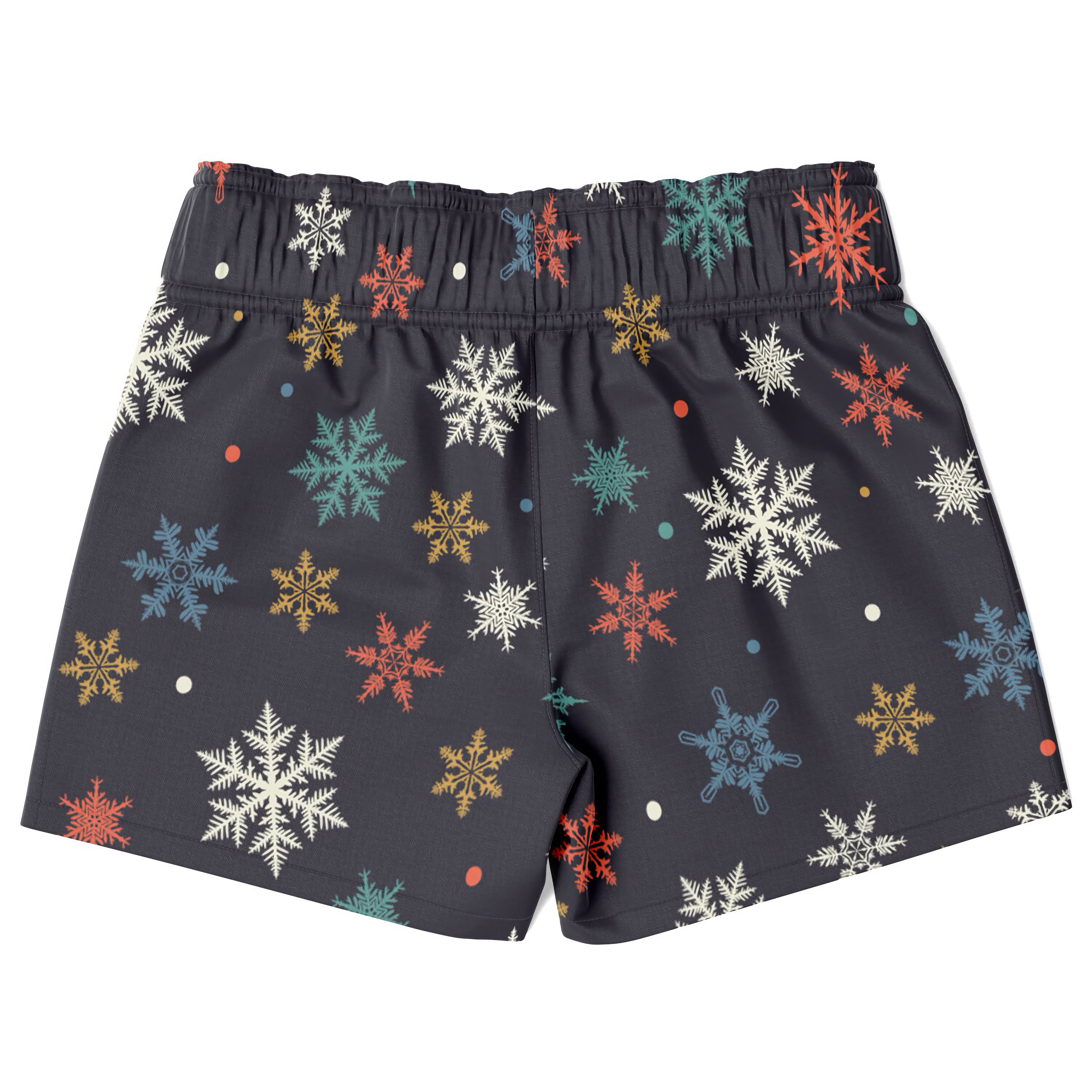 Dark gray boys quick drying swim trunks with colorful white red teal and gold snowflake pattern for christmas beach use