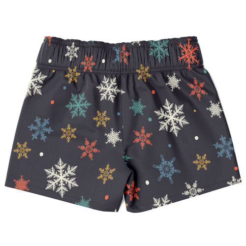 Dark gray boys quick drying swim trunks with colorful white red teal and gold snowflake pattern for christmas beach use