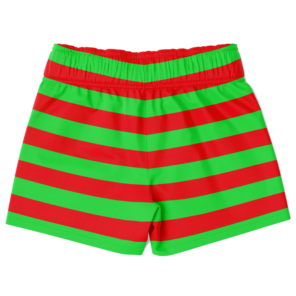 Boys red and green striped christmas quick drying swim trunks with bright red and neon green horizontal stripes and elastic waistband