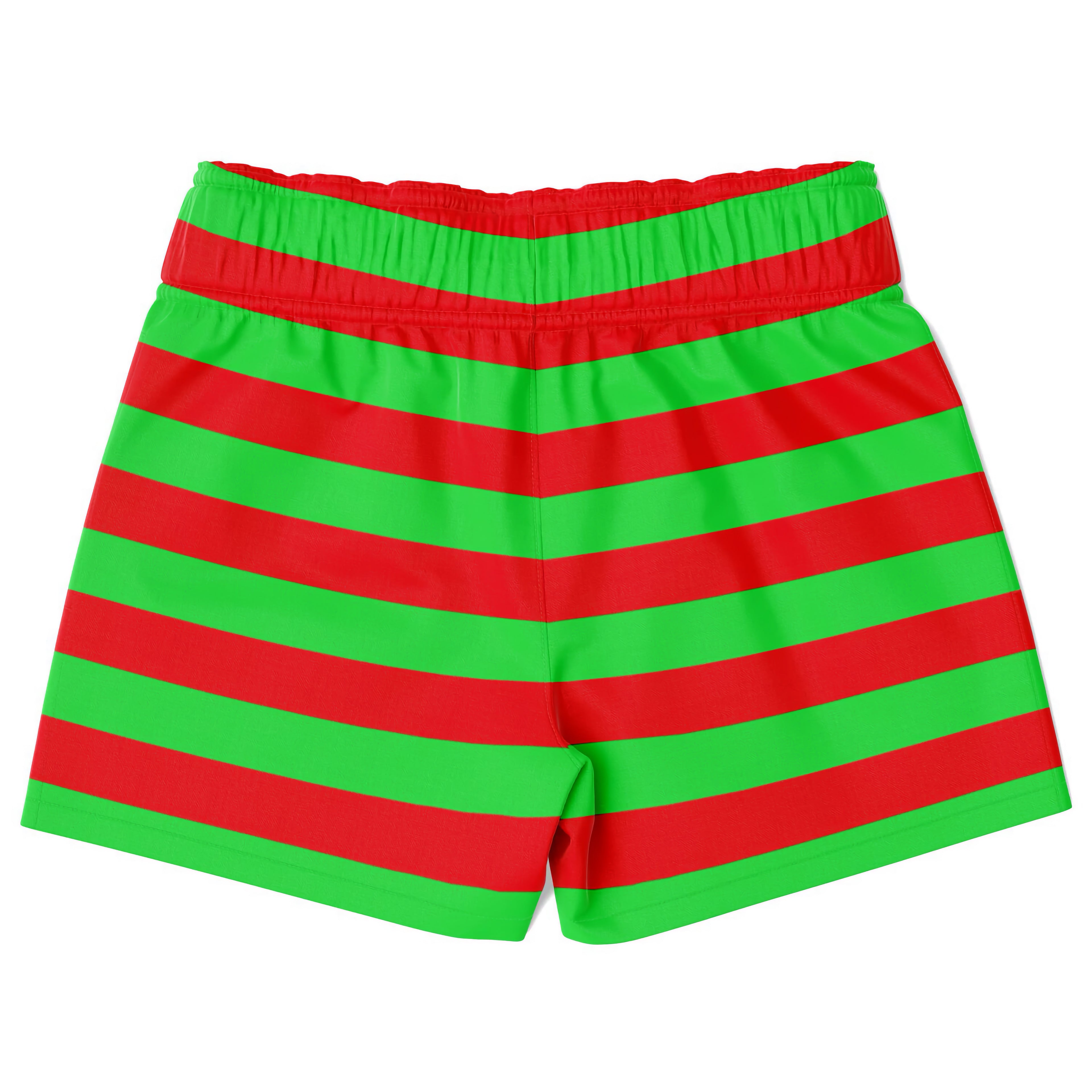 Boys red and green striped christmas quick drying swim trunks with bright red and neon green horizontal stripes and elastic waistband