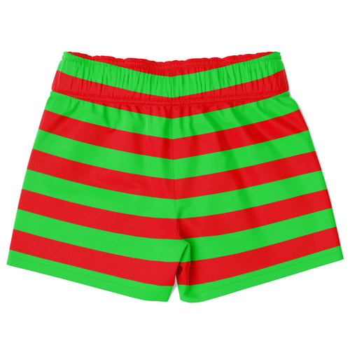 Boys red and green striped christmas quick drying swim trunks with bright red and neon green horizontal stripes and elastic waistband