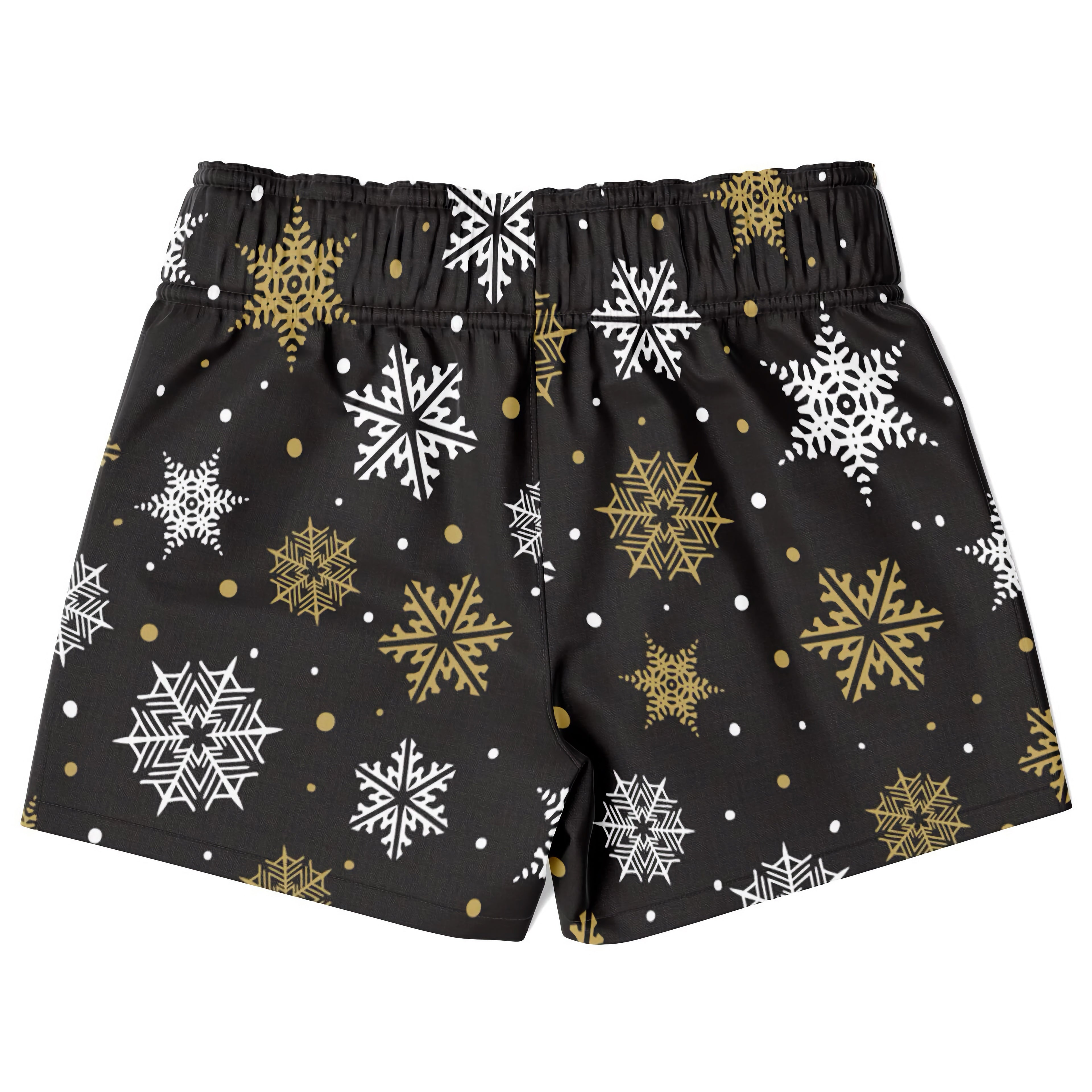 Black boys gold snowflake christmas quick drying swim trunks with white and gold snowflake pattern
