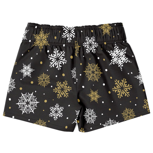 Black boys gold snowflake christmas quick drying swim trunks with white and gold snowflake pattern