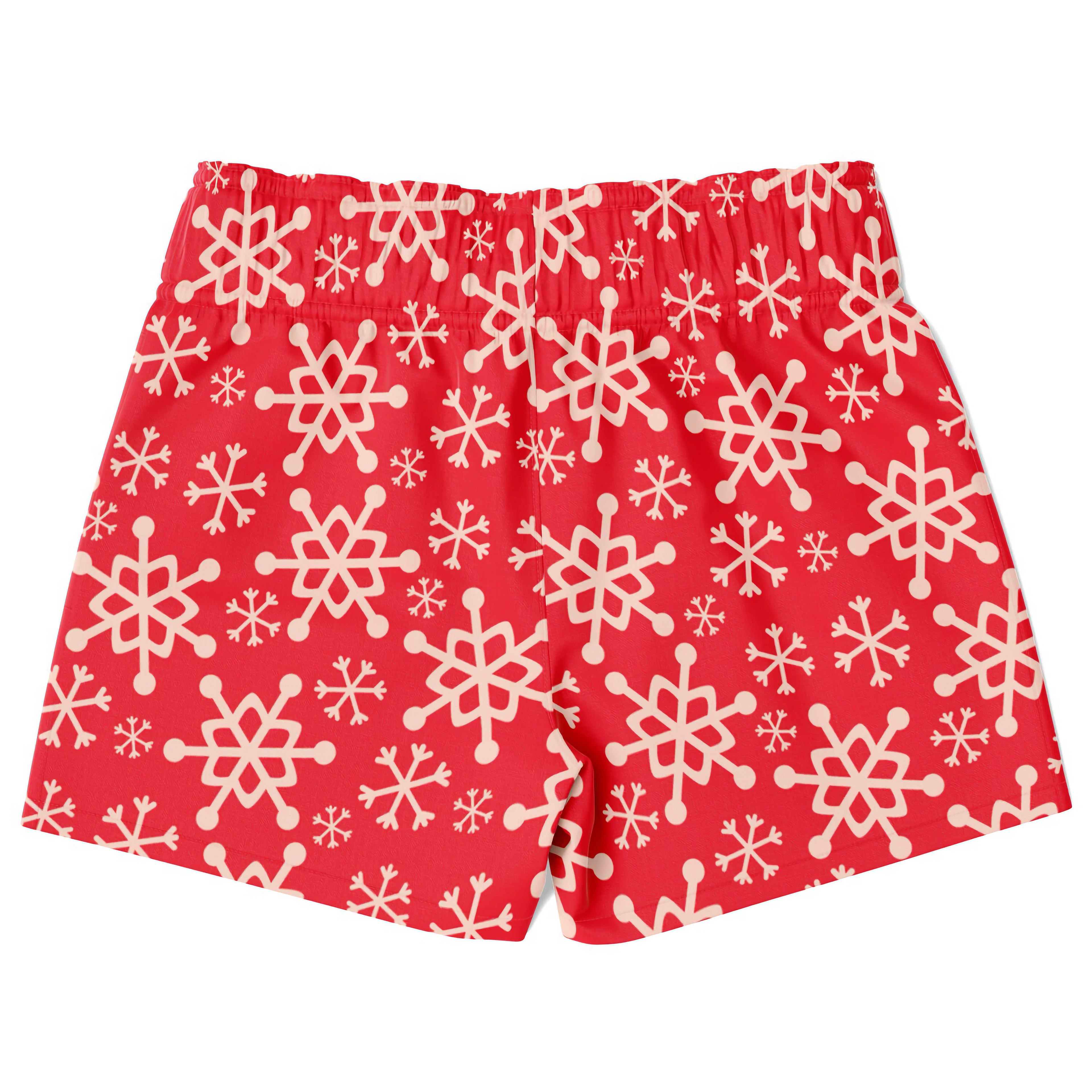 Boys red snowflake christmas quick drying swim trunks with cream snowflake pattern on red fabric