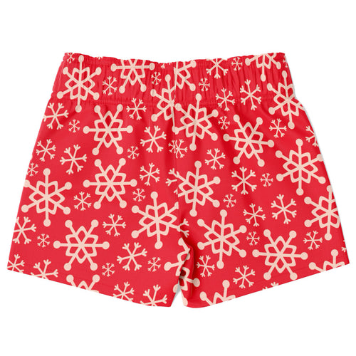Boys red snowflake christmas quick drying swim trunks with cream snowflake pattern on red fabric