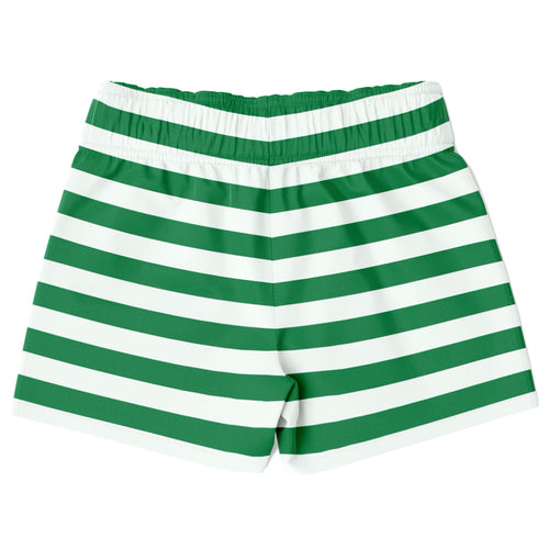 Boys green and white Christmas striped quick drying swim trunks with elastic waistband and horizontal stripes