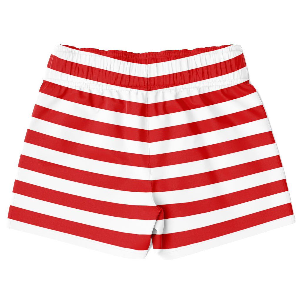 Boys red and white christmas striped quick drying swim trunks with elastic waistband and horizontal stripes
