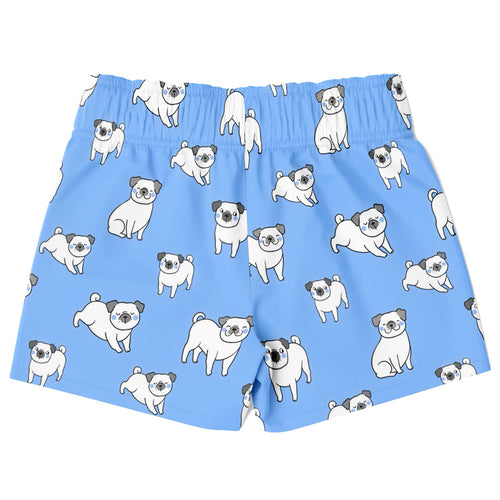 Boys blue quick drying swim trunks with light blue boxer shorts design featuring playful white pugs pattern
