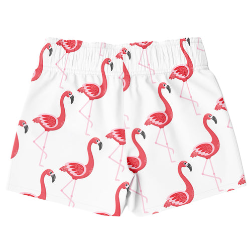 Boys pink flamingo quick drying swim trunks in white with vibrant pink flamingo pattern and black beaks and legs