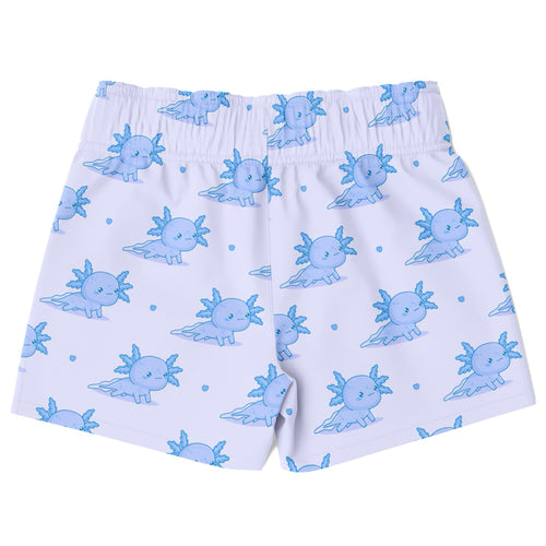 White boys swim trunks with light blue axolotl pattern quick drying fabric for active water use