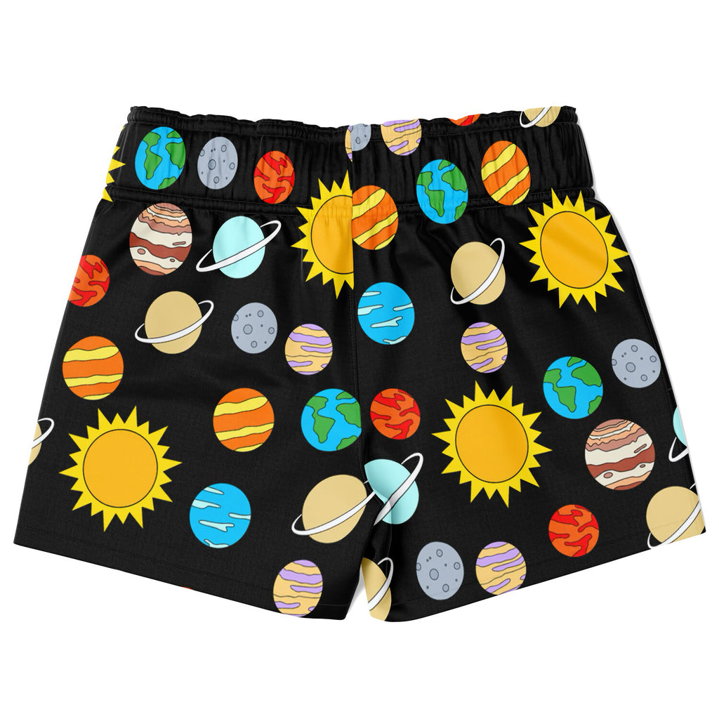 Black boys solar system quick drying swim trunks featuring vibrant cartoon planets and suns space pattern