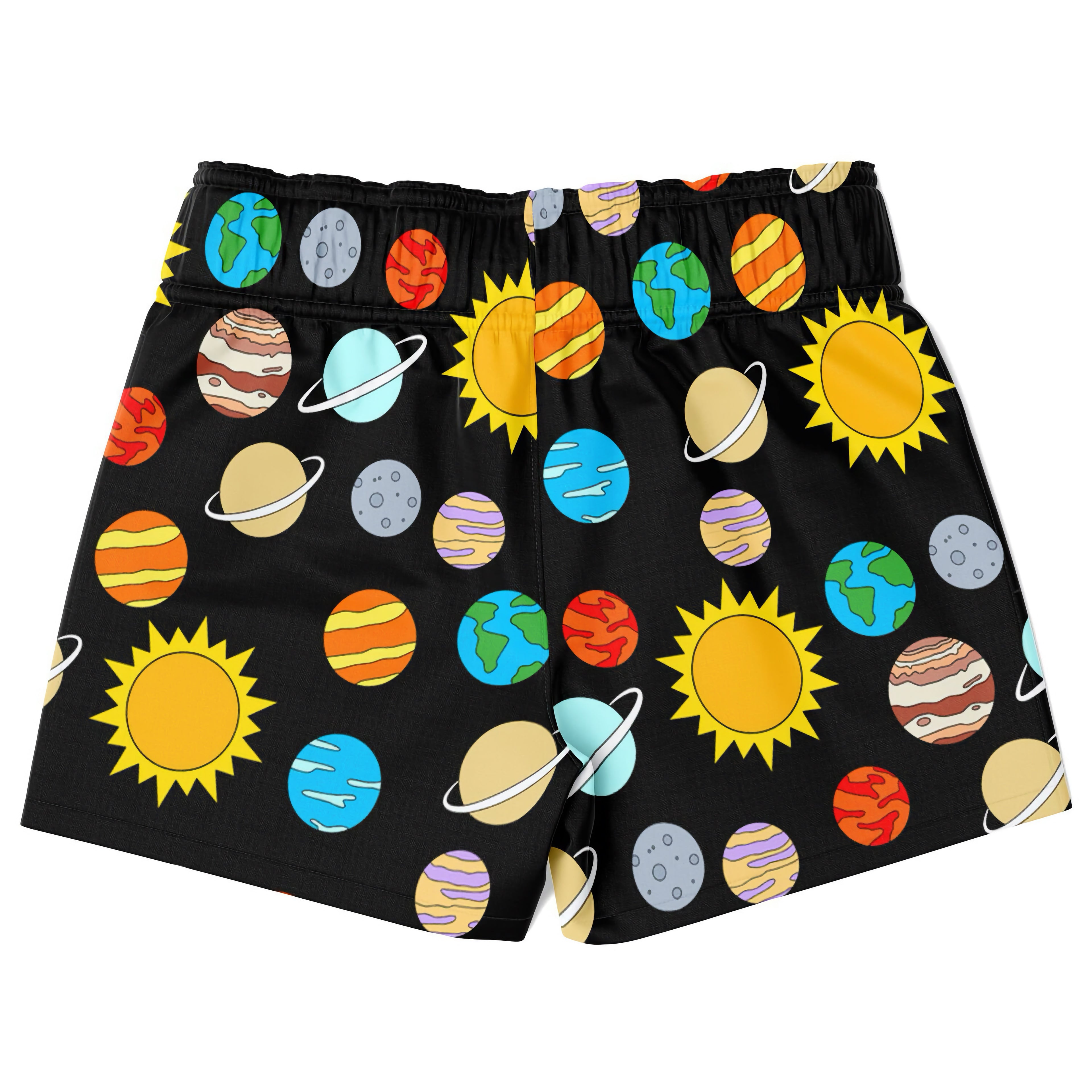 Black boys solar system quick drying swim trunks featuring vibrant cartoon planets and suns space pattern
