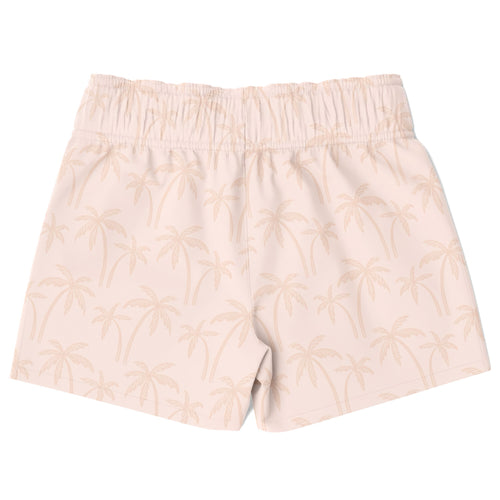 Boys light peach quick drying swim trunks with beige palm tree pattern and elastic waistband