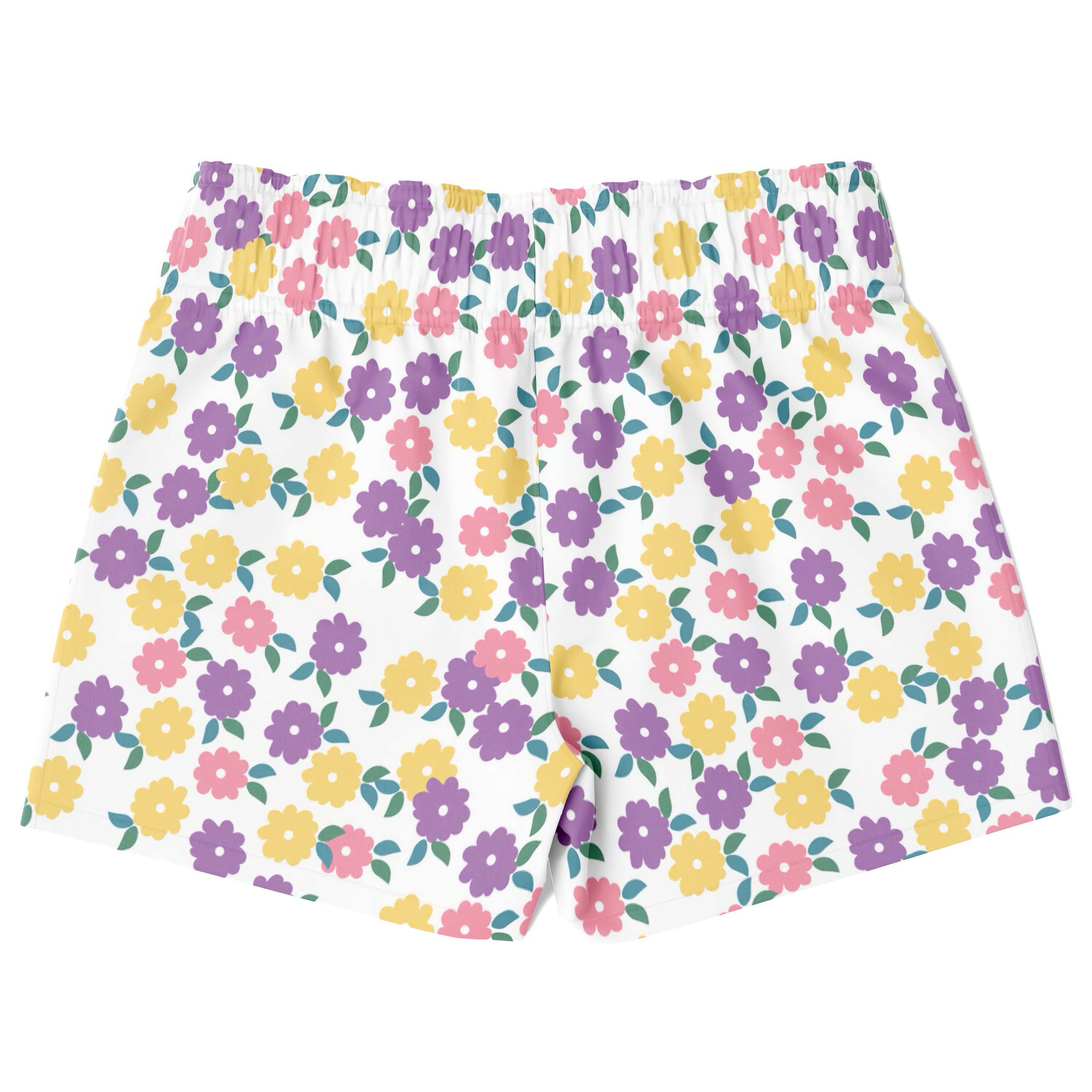 Boys colorful flower print quick drying swim trunks in white with purple yellow pink flowers and green leaves