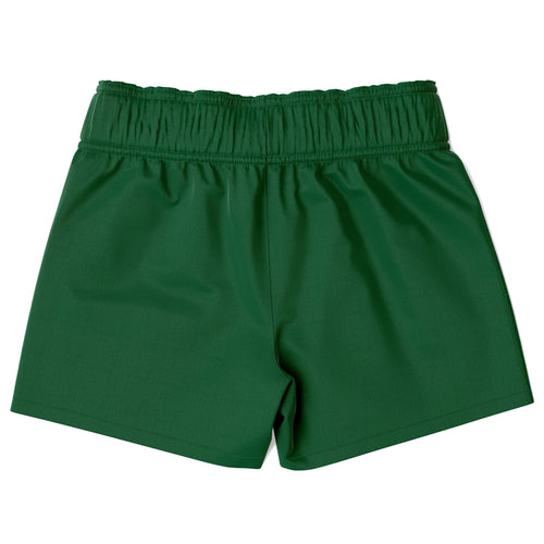 Boys dark green quick drying swim trunks with elastic waist and smooth slightly shiny fabric