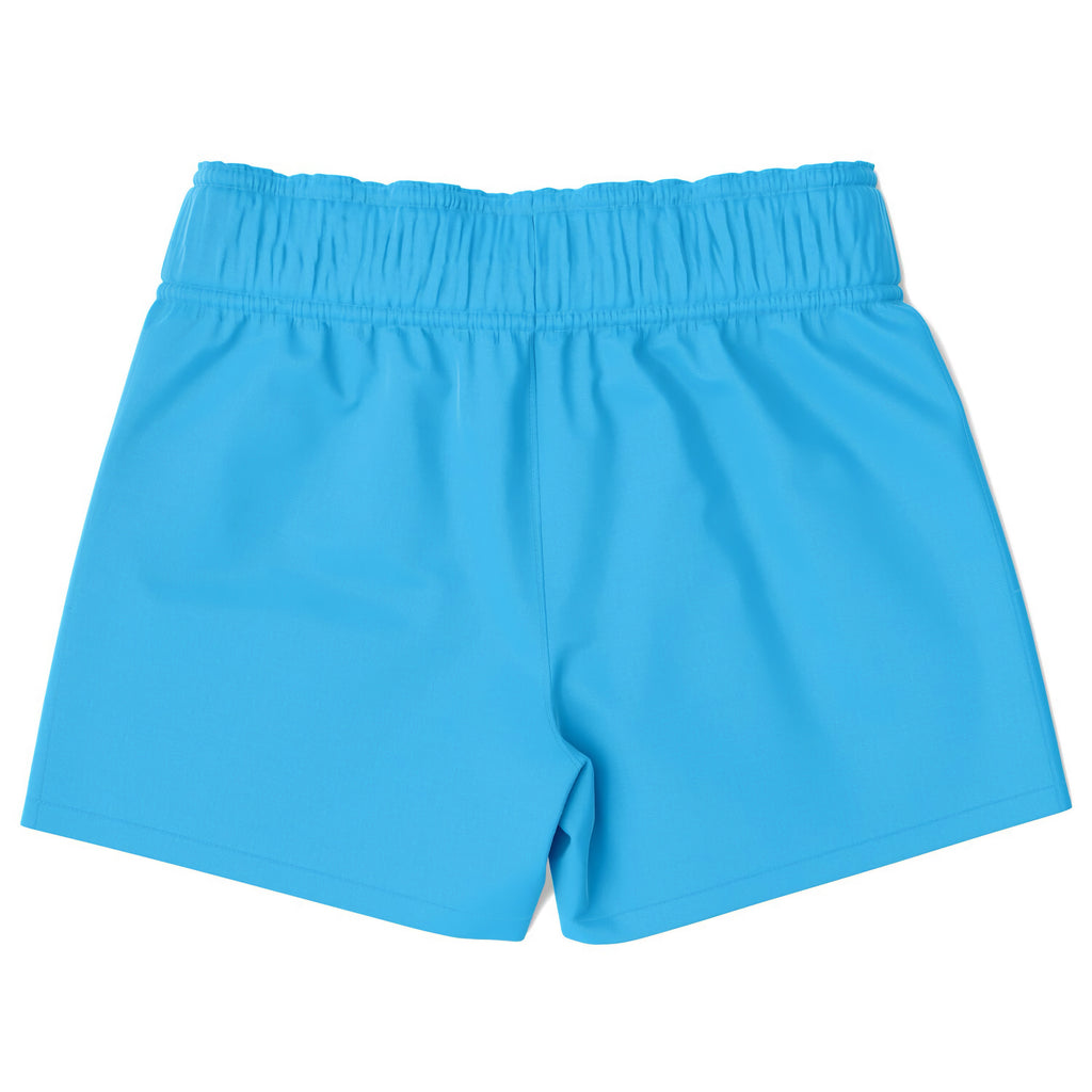 Boys sky blue quick drying swim trunks made of bright blue smooth lightweight fabric with elastic waist