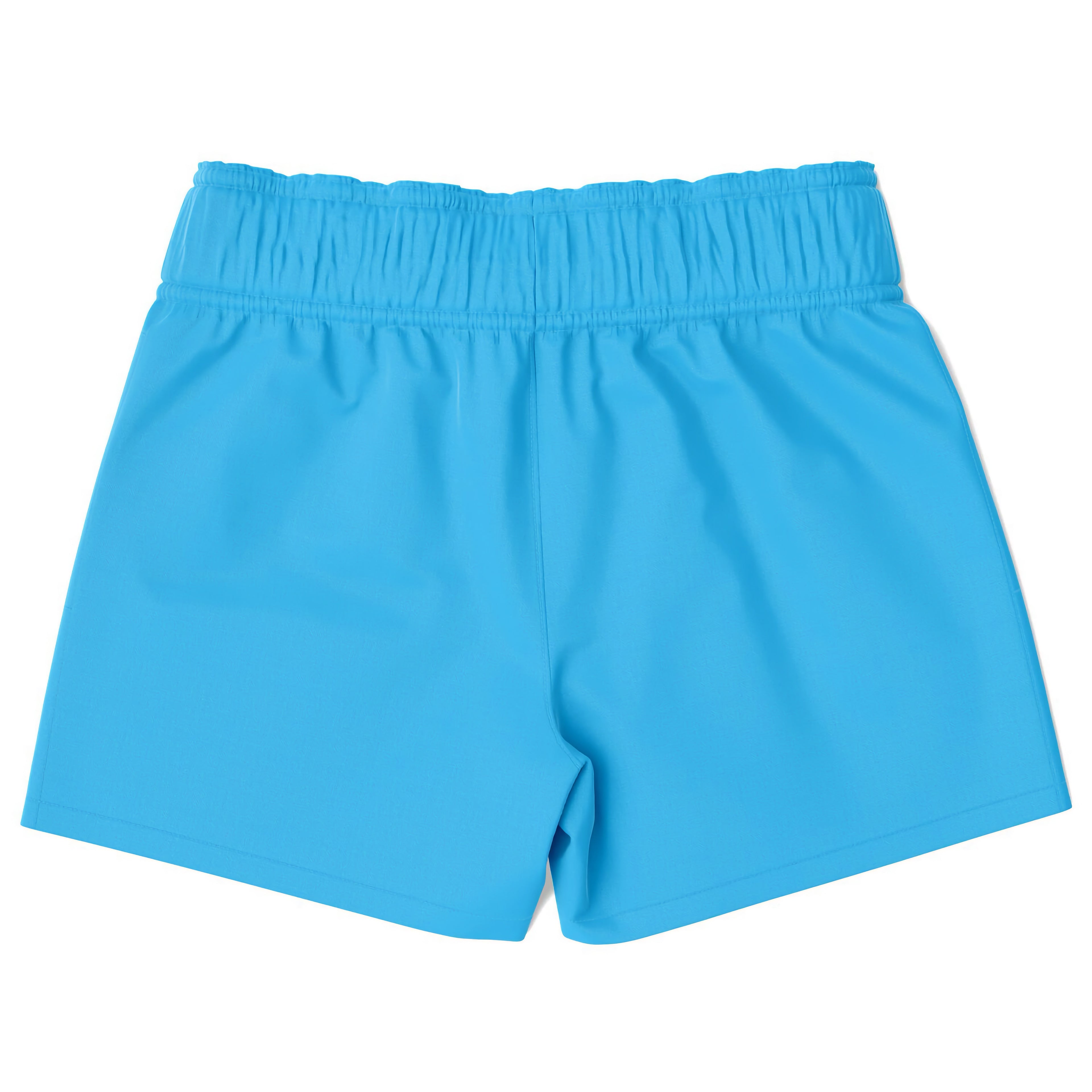 Boys sky blue quick drying swim trunks made of bright blue smooth lightweight fabric with elastic waist