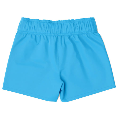 Boys sky blue quick drying swim trunks made of bright blue smooth lightweight fabric with elastic waist