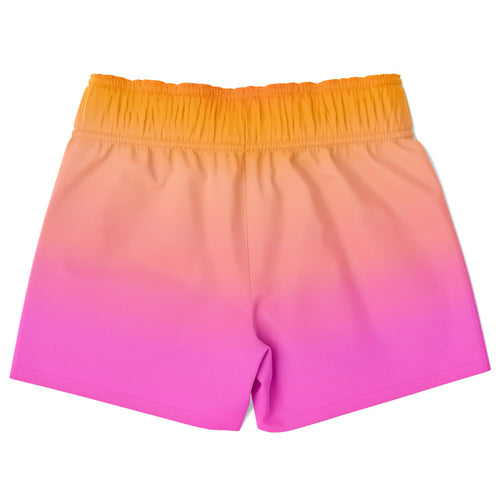 Boys sunset ombre quick drying swim trunks with yellow to pink gradient and elastic waistband front view