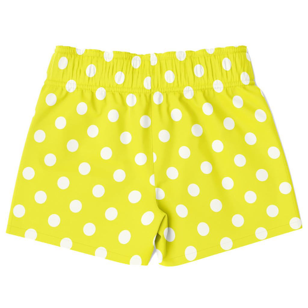 Boys yellow polka dots quick drying swim trunks with bright yellow fabric white polka dots and elastic waistband
