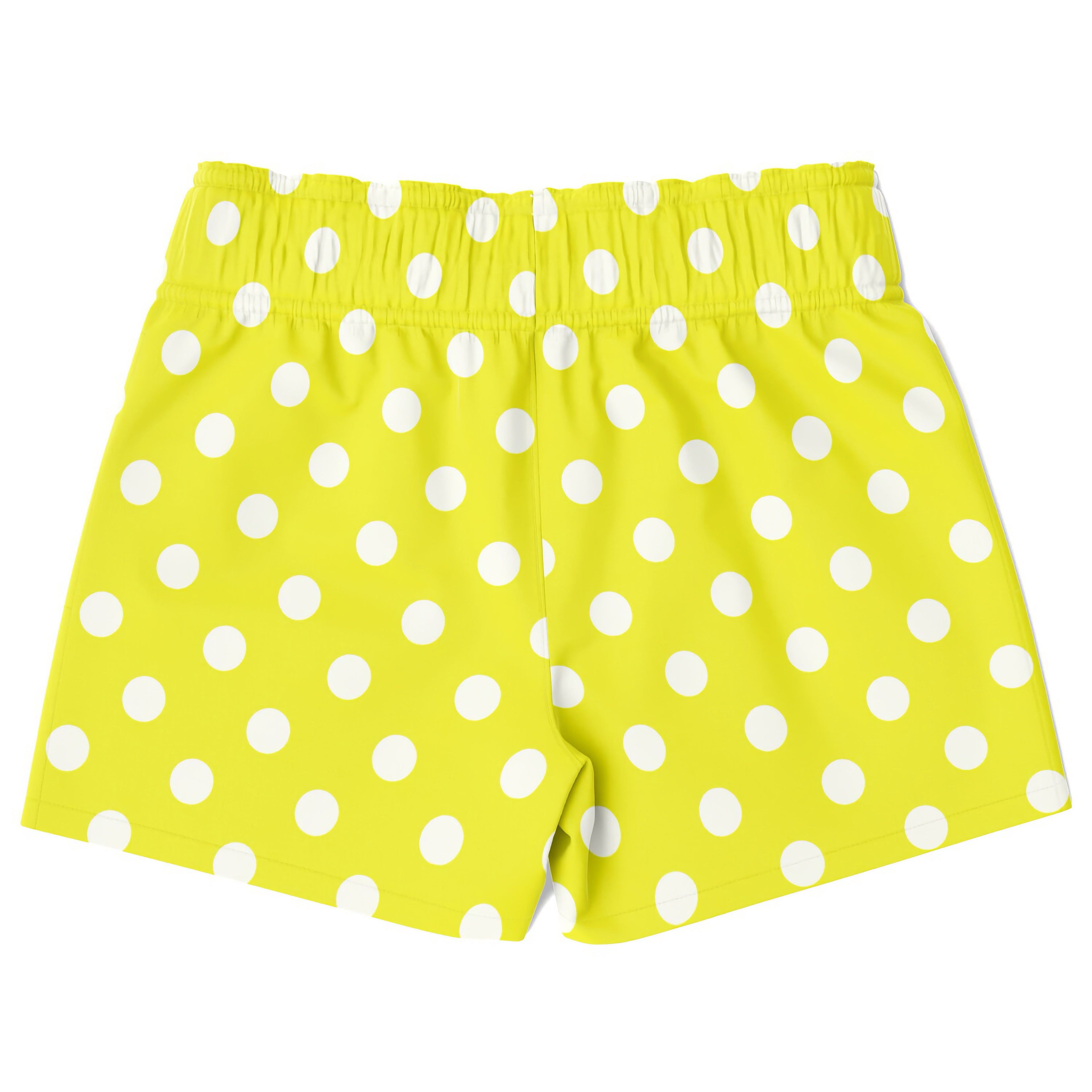 Boys yellow polka dots quick drying swim trunks with bright yellow fabric white polka dots and elastic waistband