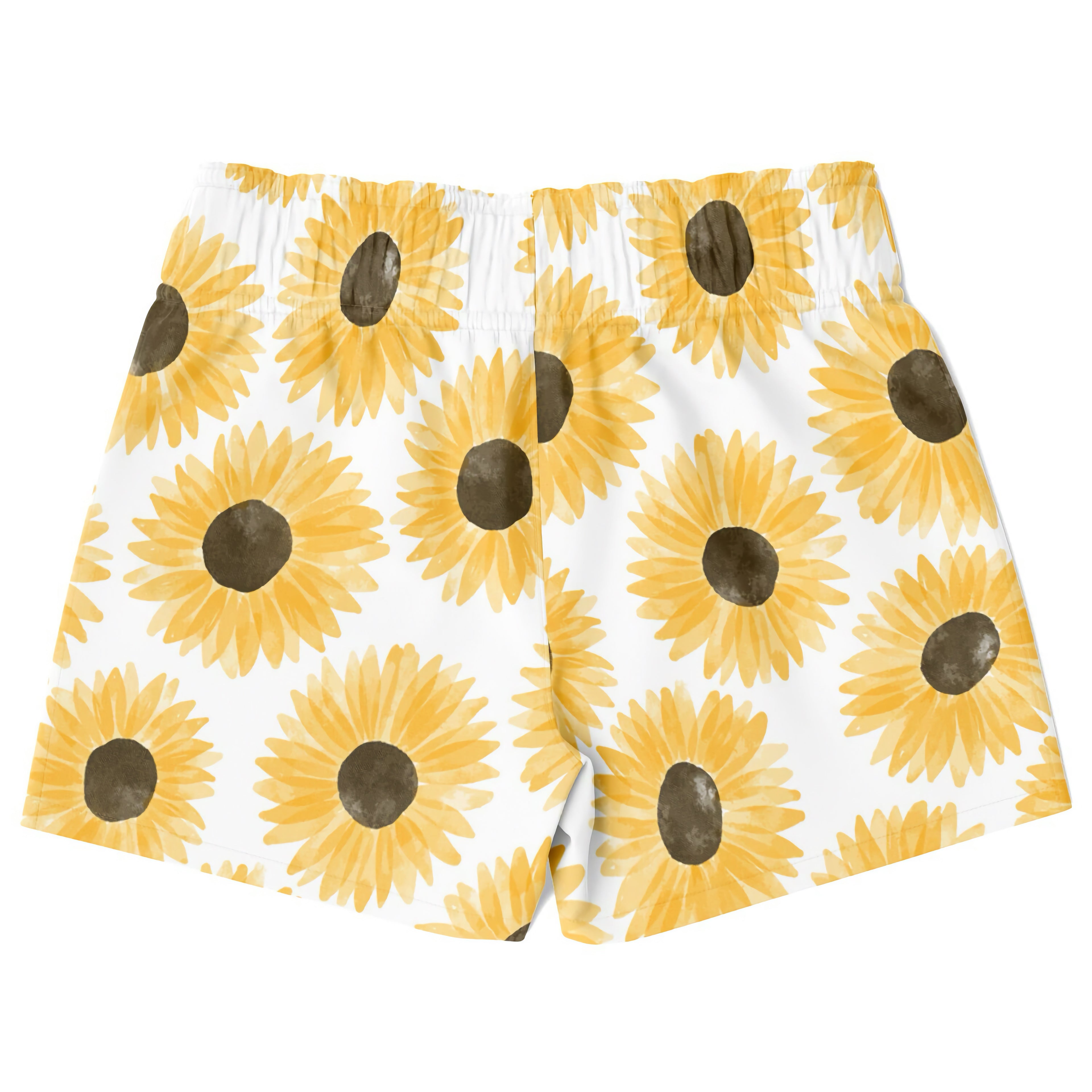 Boys doodle sunflower quick drying swim trunks in white with vibrant yellow and brown watercolor sunflower pattern