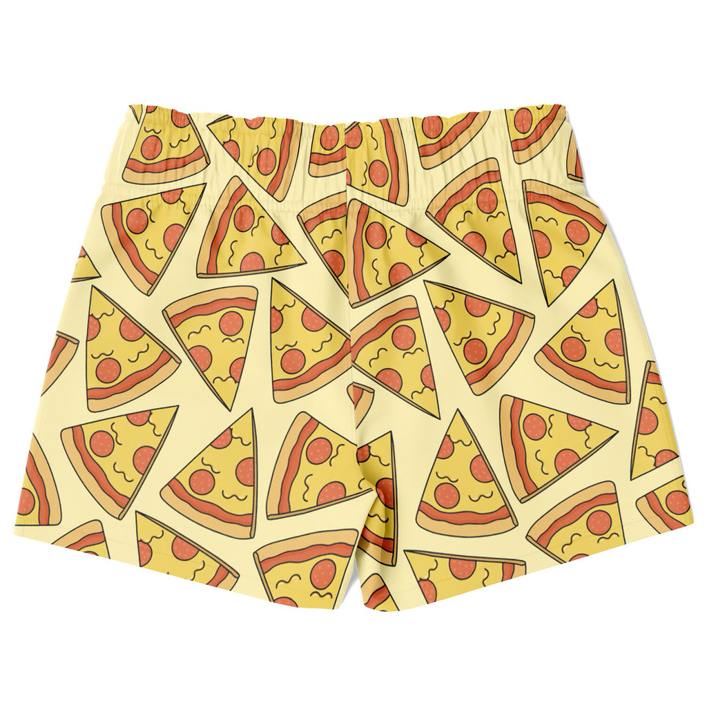Yellow boys quick drying swim trunks with playful cartoon pizza slice pattern red pepperoni and cheese