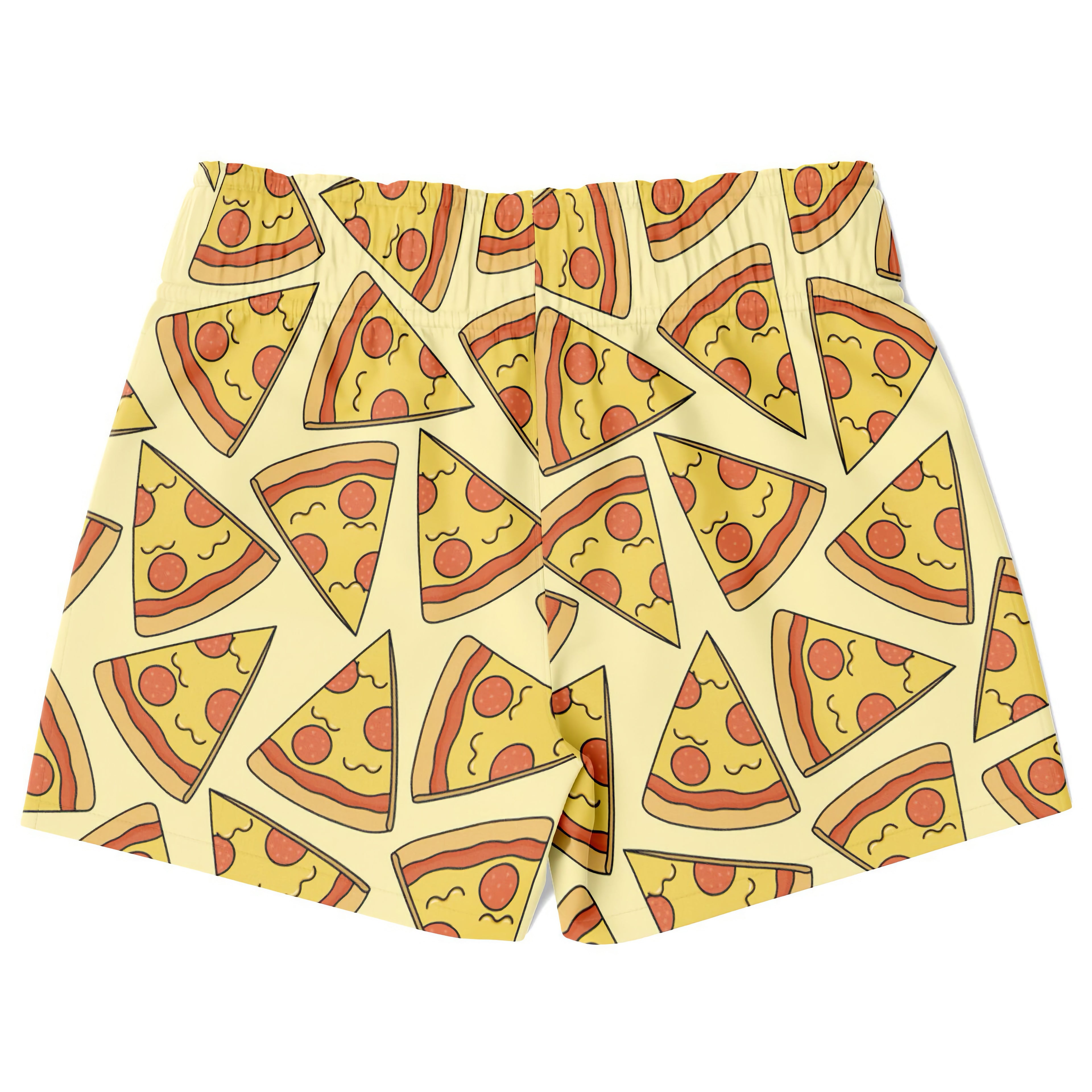 Yellow boys quick drying swim trunks with playful cartoon pizza slice pattern red pepperoni and cheese