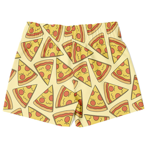 Yellow boys quick drying swim trunks with playful cartoon pizza slice pattern red pepperoni and cheese