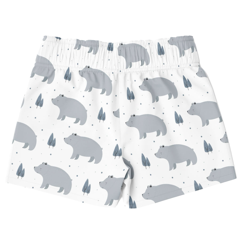 Swim shorts with bear pattern on a white background