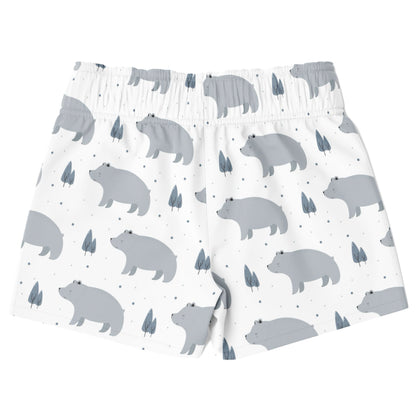 Swim shorts with bear pattern on a white background