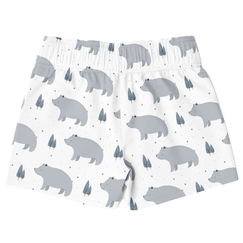 Swim shorts with bear pattern on a white background