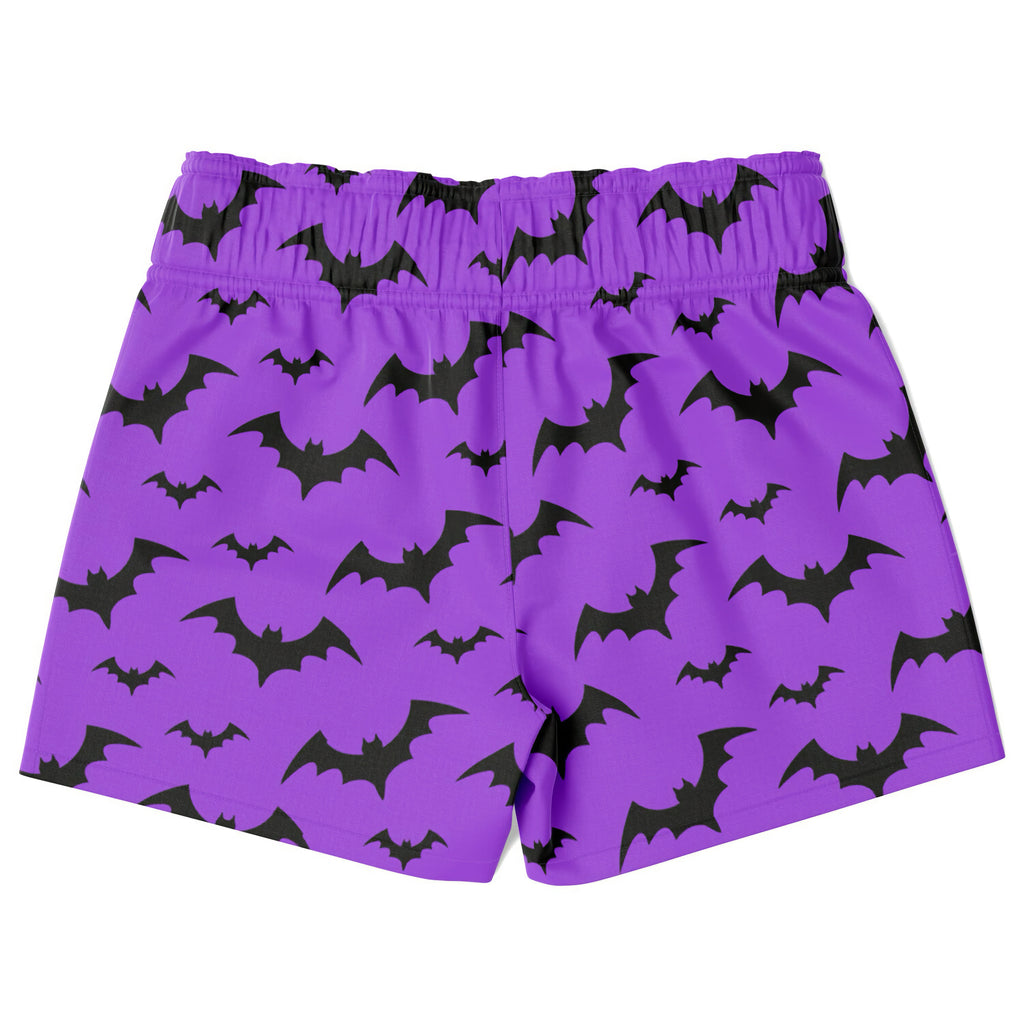 Boys purple quick drying swim trunks with black bat pattern for halloween beach and pool use