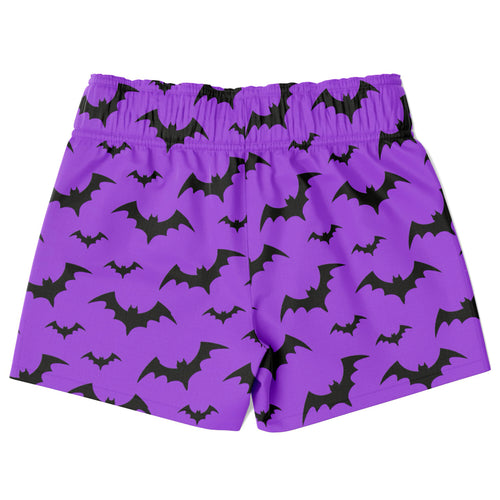 Boys purple quick drying swim trunks with black bat pattern for halloween beach and pool use
