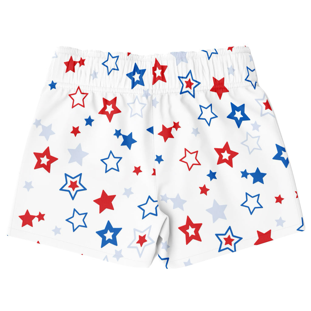 Boys red white and blue star quick drying swim trunks with white fabric and playful red blue light gray star pattern