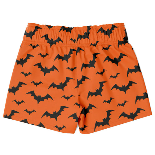 Boys orange quick drying swim trunks with black bat pattern perfect for halloween beach or pool use